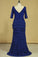 2024 Dark Royal Blue Mother Of The Bride Dresses Chiffon V Neck With 3/4 Length Sleeves