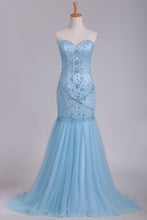 Load image into Gallery viewer, 2024 Sweetheart Mermaid Prom Dresses Beaded Bodice Tulle Sweep Train