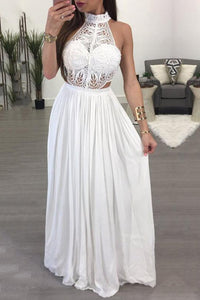2024 High Neck A Line Chiffon & Lace Floor Length Prom Dresses