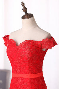 2024 Red Mermaid Prom Dresses Off The Shoulder Tulle With Applique Covered Button