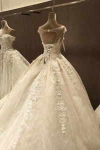 2024 Scoop Ball Gown Tulle Wedding Dresses With Applique And Beads Chapel Train