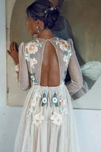 Load image into Gallery viewer, Elegant A Line Long Sleeves Embroidery Tulle Beads Prom Dresses with Open Back SRS15511