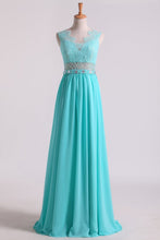 Load image into Gallery viewer, 2024 Scoop A Line Exquisite Chiffon Beading Prom Dresses With Applique