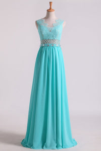 2024 Scoop A Line Exquisite Chiffon Beading Prom Dresses With Applique