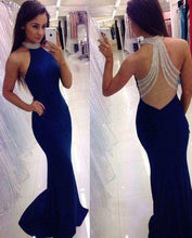 Load image into Gallery viewer, royal blue Prom Dresses high neck prom dress long prom Dress see through back prom dress BD0397