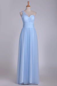 2024 One Shoulder A Line Bridesmaid Dresses Ruched Bodice Tulle