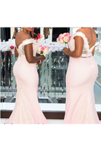 Load image into Gallery viewer, Pretty Mermad Long Satin Off The Shoulder Bridesmaid Dresses For SRSPAEMF278