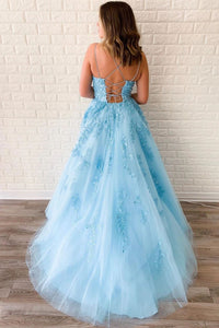 Unique A-Line Sky Blue Tulle Appliques Beads Scoop Prom Dresses with Lace SRS20453