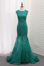 Load image into Gallery viewer, 2024 Mermaid Prom Dresses Scoop Tulle With Applique And Beads Sweep Train