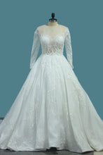 Load image into Gallery viewer, 2023 A Line Scoop Long Sleeves Wedding Dresses Tulle With Applique Chapel Train