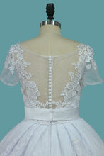 Load image into Gallery viewer, 2024 Mermaid Tulle Scoop Short Sleeve Wedding Dresses With Applique And Sash Sweep Train