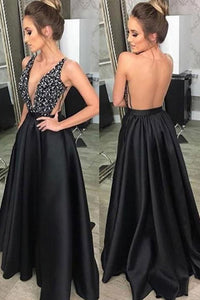 2024 Prom Dress V Neck Satin With Beads And Sequins Open Back