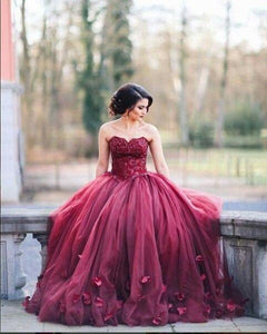 A-line Charming Long Puffy Burgundy Strapless Sleeveless Tulle Appliques Prom Dresses BD501
