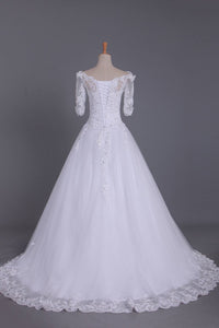 2024 Mid-Length Sleeves Boat Neck Wedding Dresses A Line Tulle With Applique And Beads