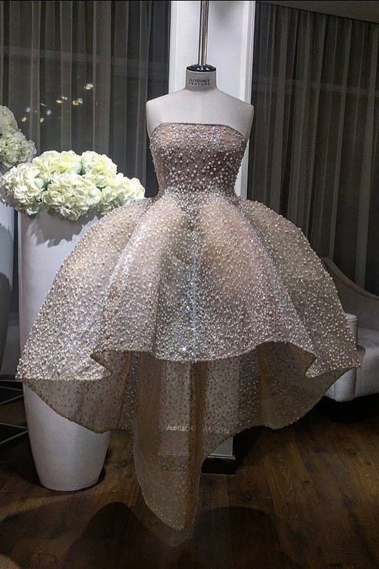 2024 Strapless Lace Ball Gown Prom Dresses With Pearls Asymmetrical