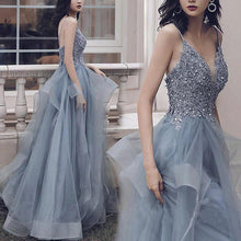 Load image into Gallery viewer, Spaghetti Straps Blue Gray Tulle V Neck Long Ruffles Prom Dresses with Lace Applique SRS15411