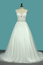 Load image into Gallery viewer, 2024 Spaghetti Straps Tulle Wedding Dresses With Applique And Sash Court Train Open Back