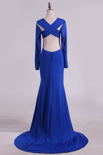 Load image into Gallery viewer, 2024 Scoop Prom Dresses Long Sleeves Spandex Open Back Drak Royal Blue