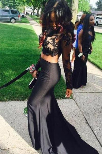 2 Pieces Black Long Sleeve Prom Dresses Mermaid Lace Prom Dress SVD200