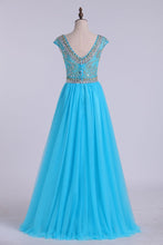 Load image into Gallery viewer, 2024 Scoop A-Line Prom Dress Full Beaded Bodice Champagne Tulle Floor Length
