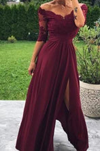 Load image into Gallery viewer, Modest Off the Shoulder Burgundy Bridesmaid Dresses with Slit, Prom SRS20427