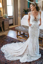Load image into Gallery viewer, 2024 Mermaid V Neck Lace With Applique Court Train Wedding Dresses