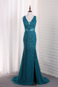 2024 Straps Mermaid Prom Dresses Tulle With Beads And Slit Open Back