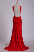 Load image into Gallery viewer, 2024 Red Evening Dresses Scoop Open Back Mermaid/Trumpet Red Sweep Train
