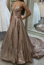 Load image into Gallery viewer, Puffy Sleeveless Sequined Court Train Prom Dress, Sparkly Sequin Evening Dresses SRS15312