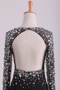 2024 Open Back Long Sleeves With Beading And Slit Prom Dresses Sweep Train Spandex