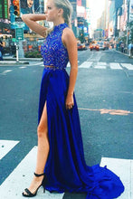 Load image into Gallery viewer, 2 Pieces High Neck Royal Blue Beading Long Beautiful Prom Dresses For Teens
