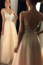 Load image into Gallery viewer, Champagne Lace Tulle Beading A-Line V-Neck Simple Flowy Prom Dresses