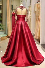 Load image into Gallery viewer, 2023 Long Sleeve Prom Dresses High Neck Burgundy Long Prom Dress Satin Evening Dress