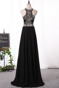 2024 A Line Prom Dresses Scoop Beaded Bodice Chiffon Two Pieces