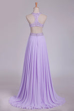 Load image into Gallery viewer, 2023 Scoop Prom Dresses A Line Chiffon With Beading Sweep Train