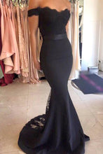 Load image into Gallery viewer, Modest Off The Shoulder Long Mermaid Black Prom Dresses Evening Dresses