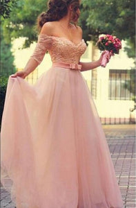 Off Shoulder Half Sleeves Pink Long Party Sweetheart Sash Bow Beads Pearls Prom Dresses RS720
