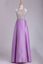 Load image into Gallery viewer, 2024 Sexy Open Back Halter Beaded Bodice A Line Prom Dresses Satin
