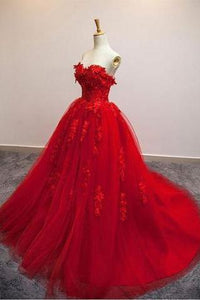 Red Ball Gown Tulle Strapless Generous Floral Fashion Quinceanera Prom Dresses RS548