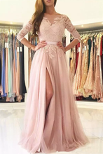 Load image into Gallery viewer, 2024 A Line Scoop 3/4 Length Sleeves Tulle With Applique Prom Dresses Sweep Train