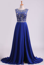 Load image into Gallery viewer, 2024 Dark Royal Blue A-Line Bateau Sweep Train Chiffon&amp;Lace Prom Dresses With Slit