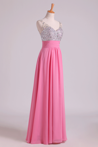 2024 Prom Dresses A Line V Neck Chiffon With Beading/Sequins Sleeveless Floor Length