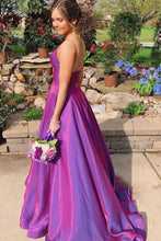 Load image into Gallery viewer, A Line Grape Spaghetti Straps Satin V Neck Long Prom Dresses Backless Evening Dresses SRS15488