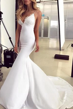 Load image into Gallery viewer, Spaghetti Straps Mermaid Wedding Dress With Appliques Sexy Backless Bridal SRSPGZT9APS