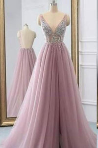 2023 Fantastic Beaded Bodice Prom Dresses A Line Tulle Deep V-Neck