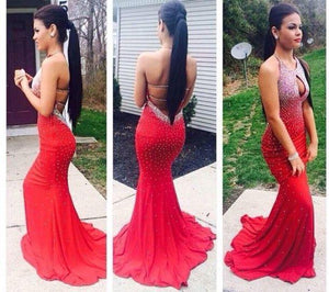 Red Halter Scoop Open Back Mermaid Sleeveless Sexy Backless Prom Dress Evening Dress BD108