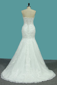 2023 Sweetheart Mermaid Wedding Dresses Tulle With Applique Court Train