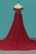 Load image into Gallery viewer, 2024 A Line Chiffon Off The Shoulder Prom Dresses With Applique And Beads