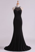 Load image into Gallery viewer, 2024 Black Prom Dresses Scoop Mermaid Spandex With Beading Sweep Train