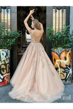 Load image into Gallery viewer, A Line Bateau Neckline Beadings Sash Prom Gown Champagne Appliques Lace Up Back Prom SRSP9H7T9ZJ